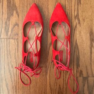 Topshop Red Pointed Lace Up Faux Suede Flats